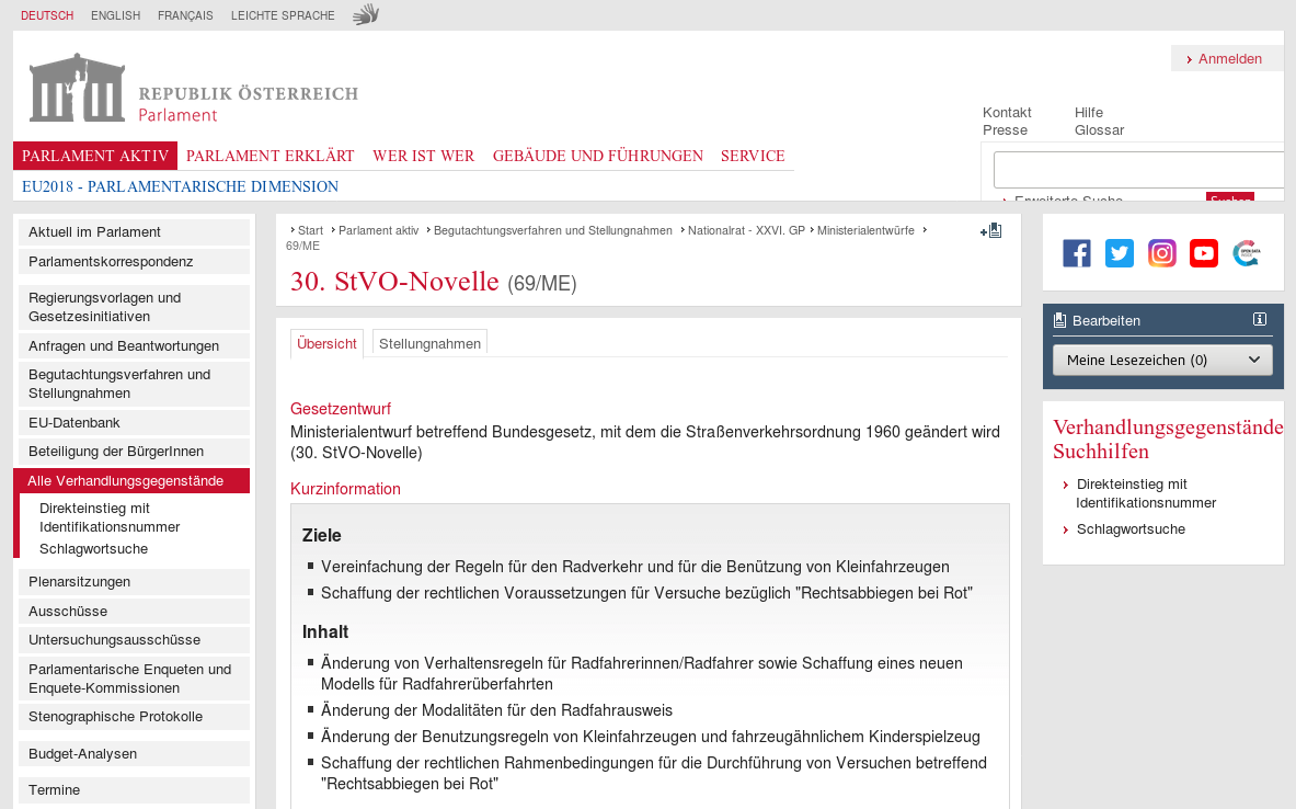 Screenshot: 30. StVo-Novelle auf parlament.gv.at