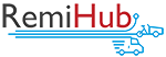 Schriftzug RemiHub in Rot/Schwarz mit blauen LKW & Lastenrad Icon